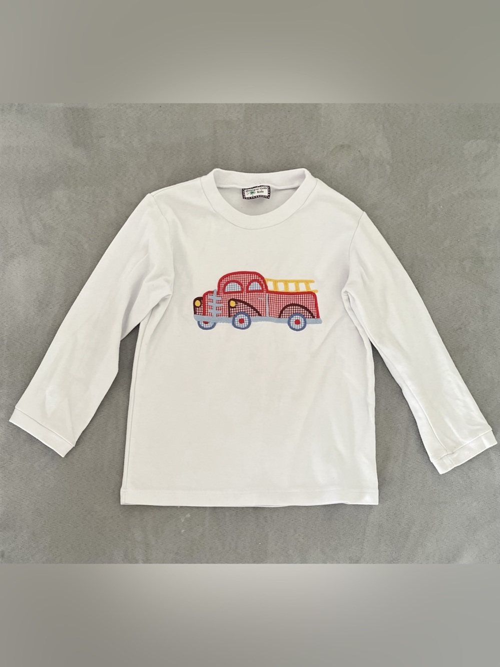 Shrimp & Grits Kids Long Sleeve Fire Truck Appliqué Tee